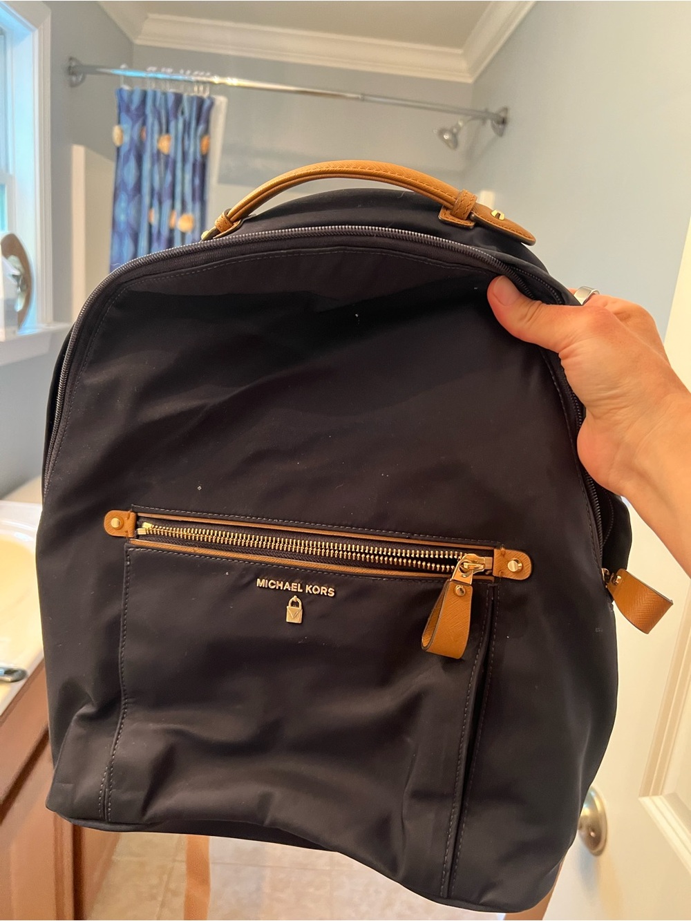 Michael Kors Navy Backpack with Tan Leather Trim